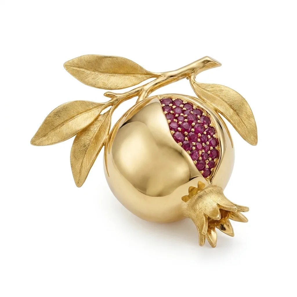 The Golestan Anar Hero Brooch: a pomegranate in demi-relief, grain-set with rubies.