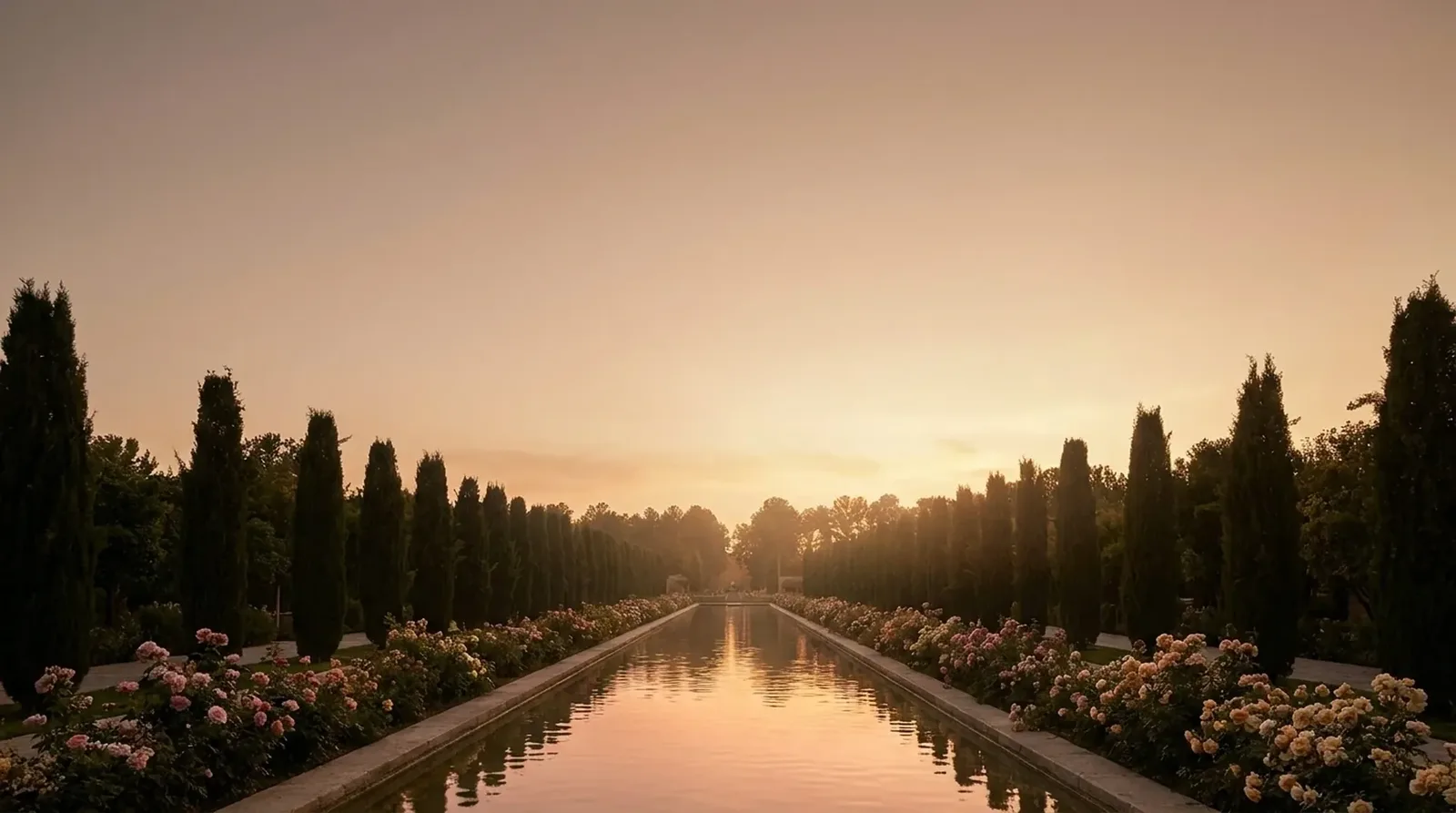 A Persian paradise garden at dusk: a long reflecting canal flanked by cypress trees and rose beds under a golden sky