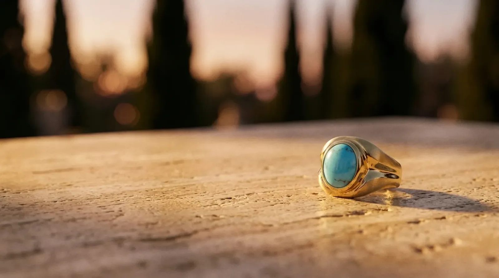 A single cabochon stone set in gold, resting on warm stone at dusk with cypresses behind