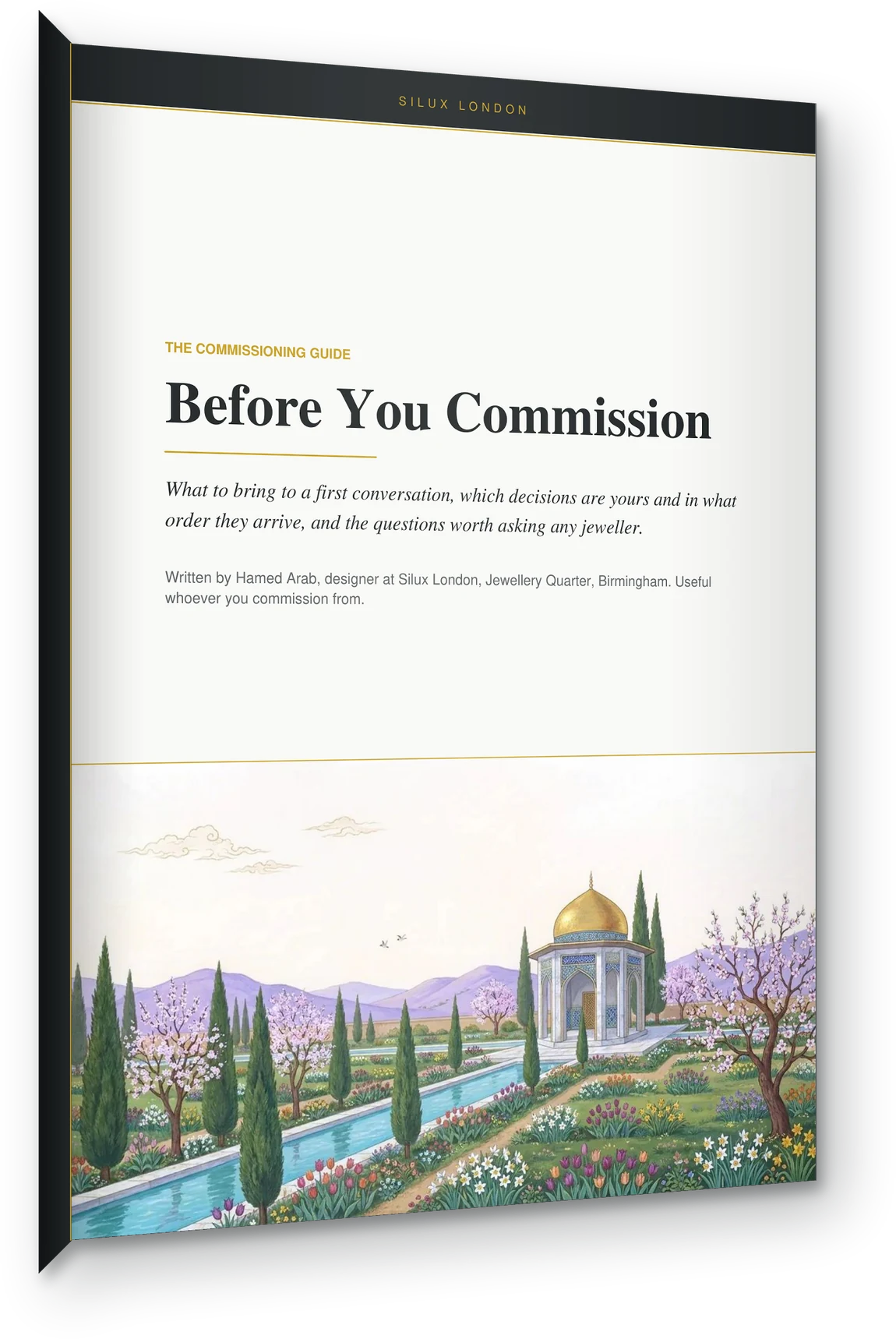 Before You Commission, a 10-page guide from Silux London, shown as a printed book