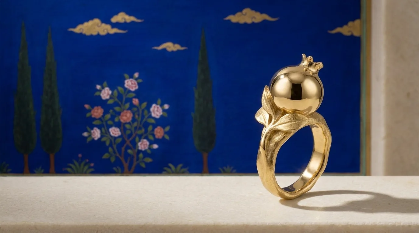 18ct gold pomegranate ring by a Birmingham bespoke jeweller, photographed against a painted Persian miniature garden