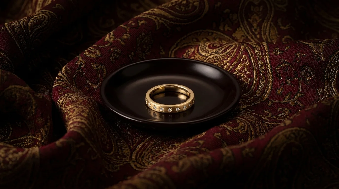 Half eternity band resting in a dark lacquer dish on claret termeh silk, resizing explained