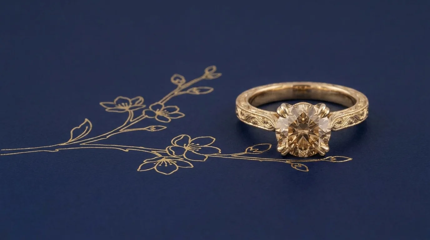 Champagne diamond engagement ring on a deep lapis ground with an engraved gold blossom line drawing