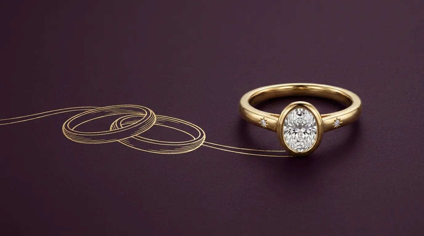 Oval engagement ring with a gold line drawing of two interlaced rings, choosing together or as a surprise