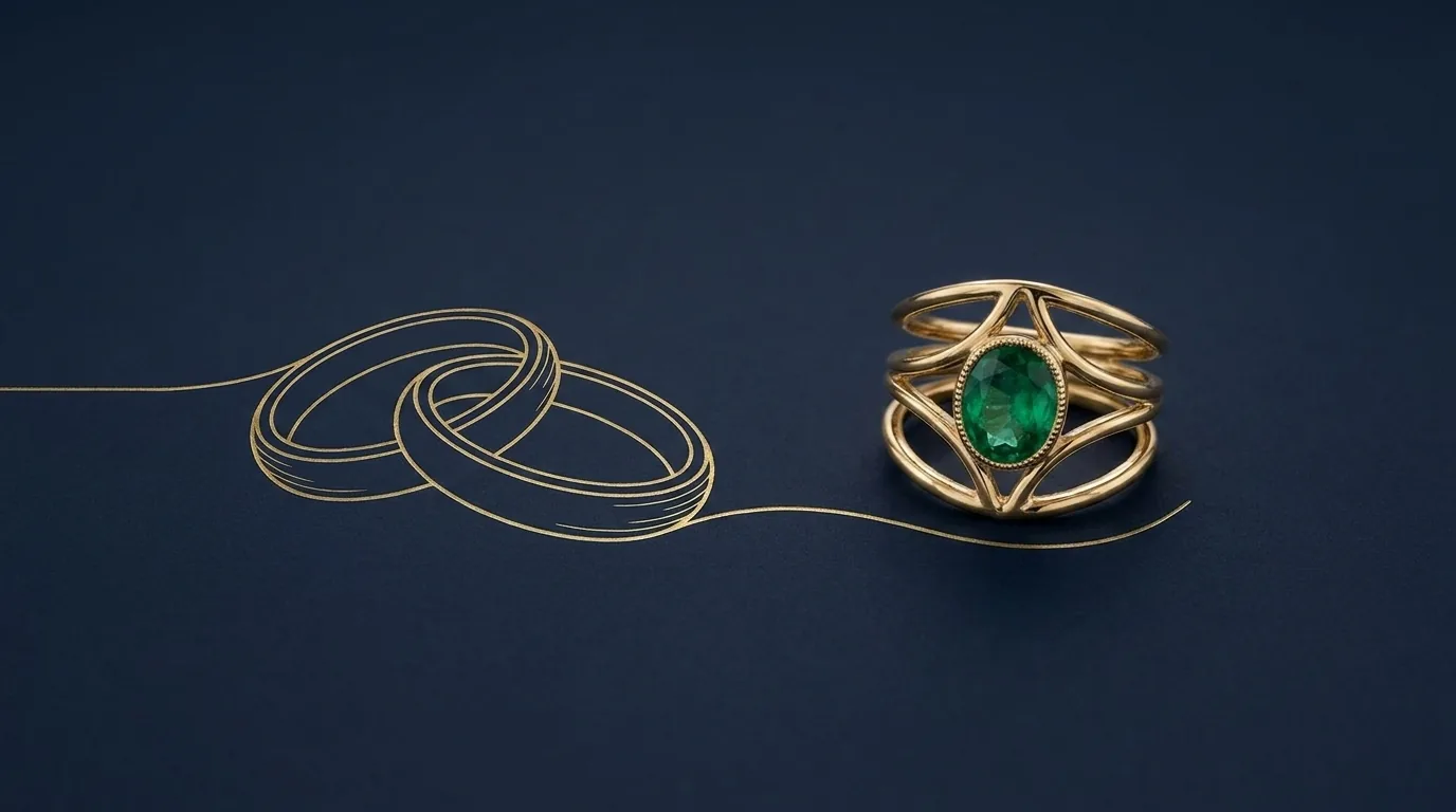 Bridal ring designed as a pair, with an engraved gold line drawing of two interlaced rings