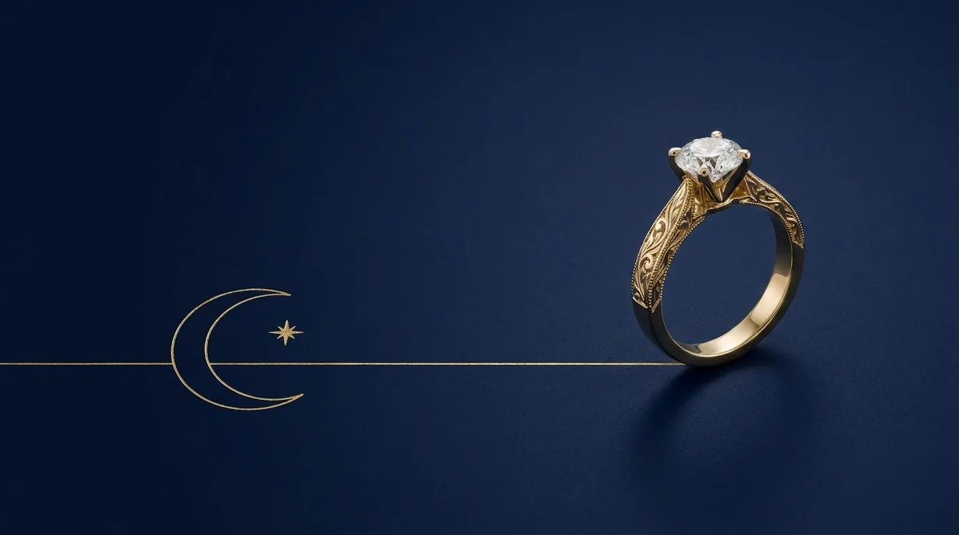 Diamond solitaire engagement ring on deep lapis with a fine gold crescent and star line drawing, settings guide