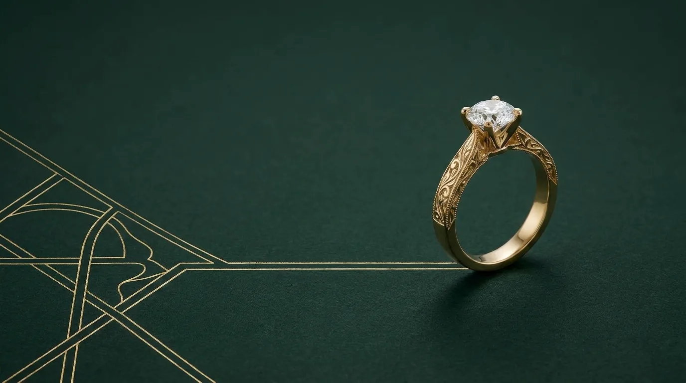 Diamond engagement ring beside an engraved girih line motif, hallmark, grading report or valuation explained