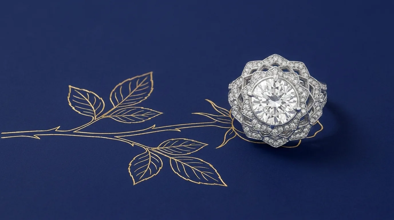 Diamond lattice ring with a gold rose-stem line drawing, how a bespoke ring is made