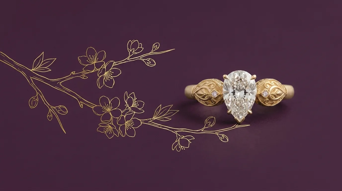 Bespoke engagement ring on a deep aubergine ground with an engraved blossom line drawing, lead times explained