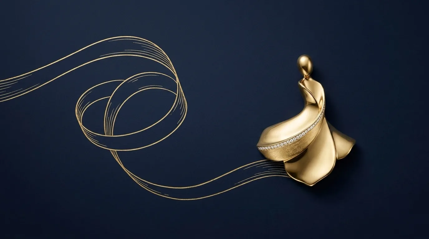 Gold pendant with a whirling gold ribbon line drawing, how much to spend on an engagement ring