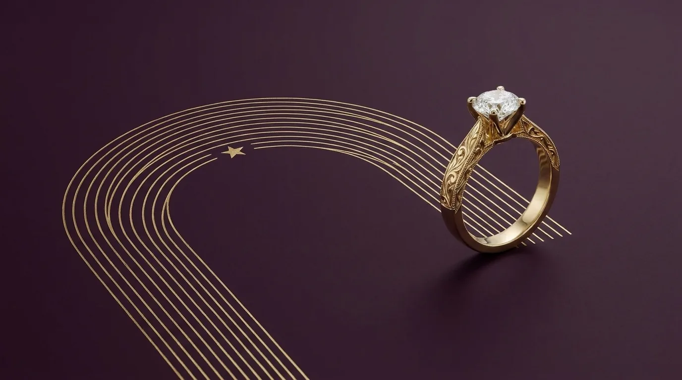 Diamond solitaire with an engraved arch and star line motif, approving a ring design before it exists