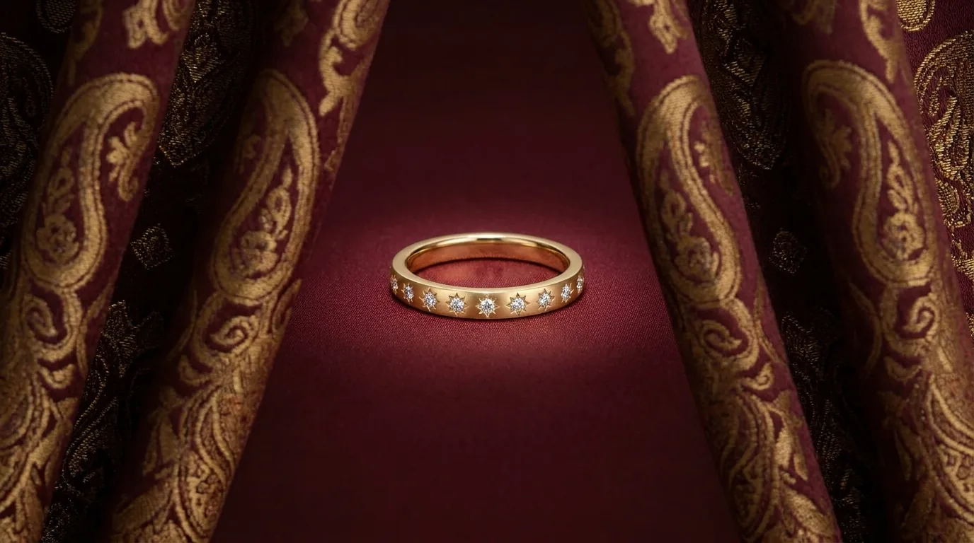 Diamond band on plain claret silk framed by termeh folds, caring for an engagement ring