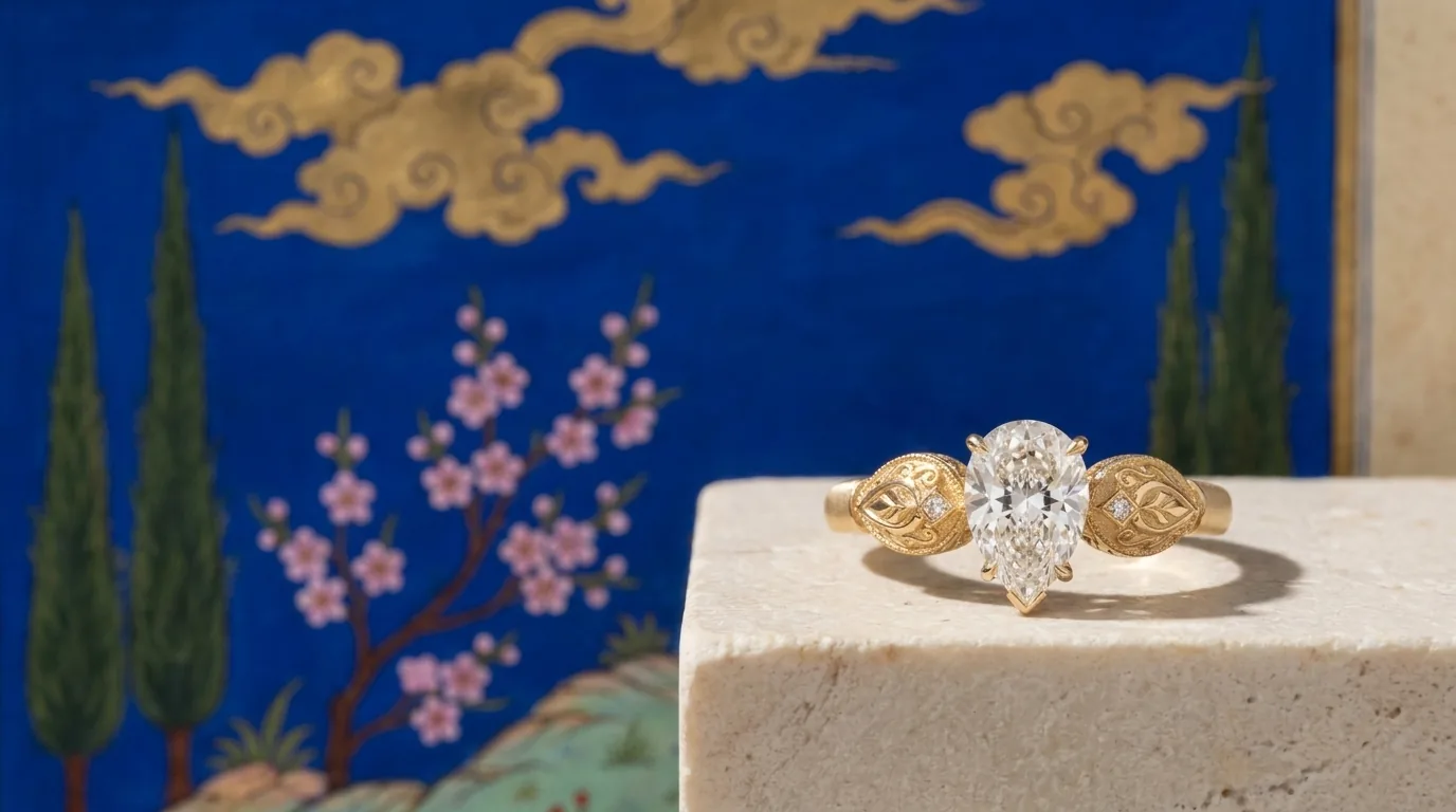 Bespoke engagement ring photographed before a painted Persian miniature garden, commissioning guide, Silux London