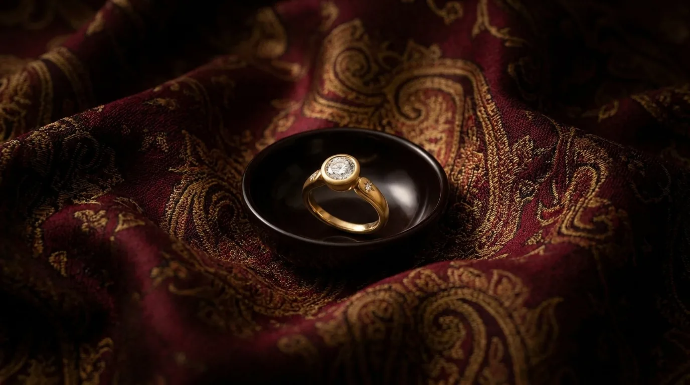 Round diamond ring in a dark lacquer dish on Persian termeh silk, finding her ring size without asking