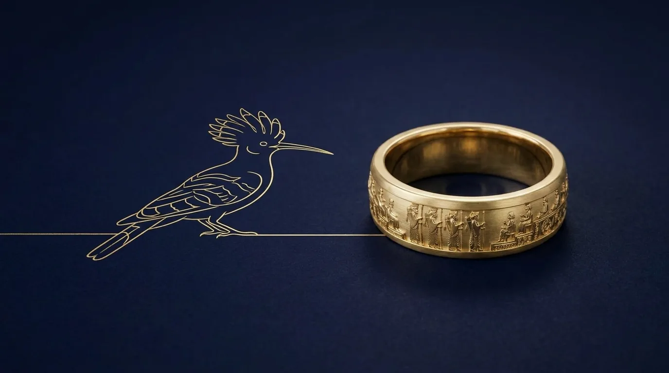 18ct gold men's wedding band with an engraved hoopoe line drawing, how to read a UK gold hallmark