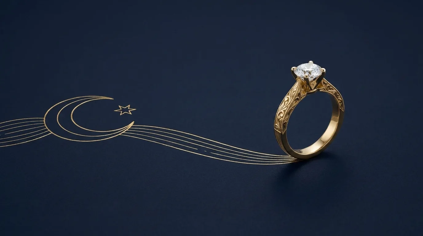 Diamond engagement ring on midnight indigo with a gold crescent line drawing, reading a bespoke quote