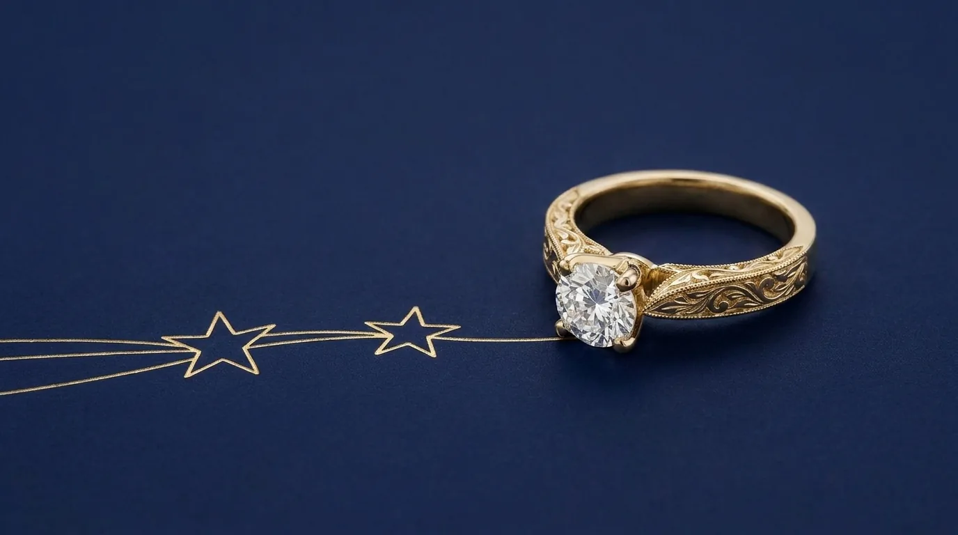 Diamond solitaire with two identical engraved line stars, natural or lab-grown diamond compared