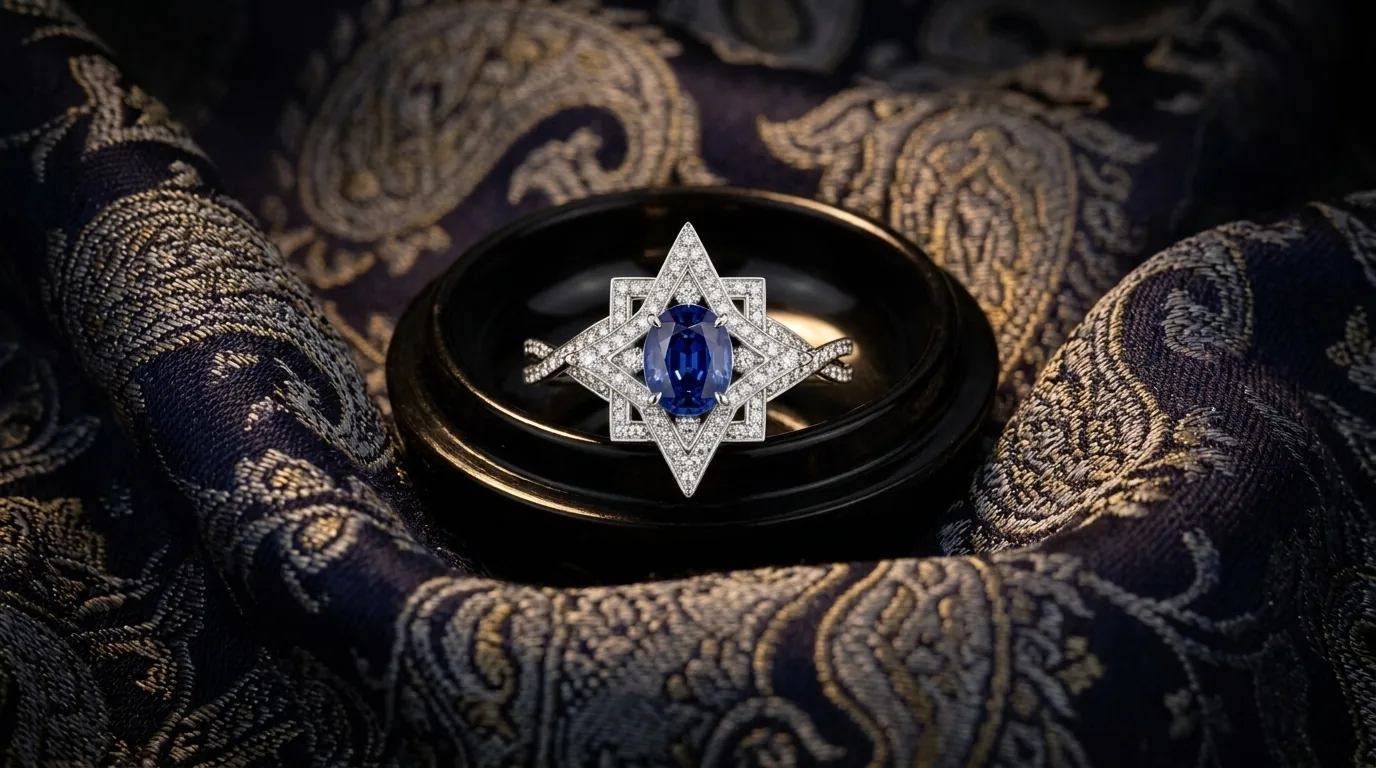 Sapphire star-set ring in a dark lacquer dish on midnight termeh silk, old cut diamonds