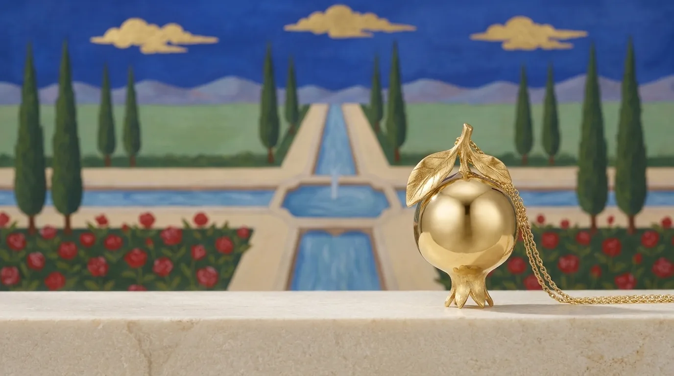 Gold pomegranate pendant against a painted chahar bagh Persian garden, the paradise garden in gold