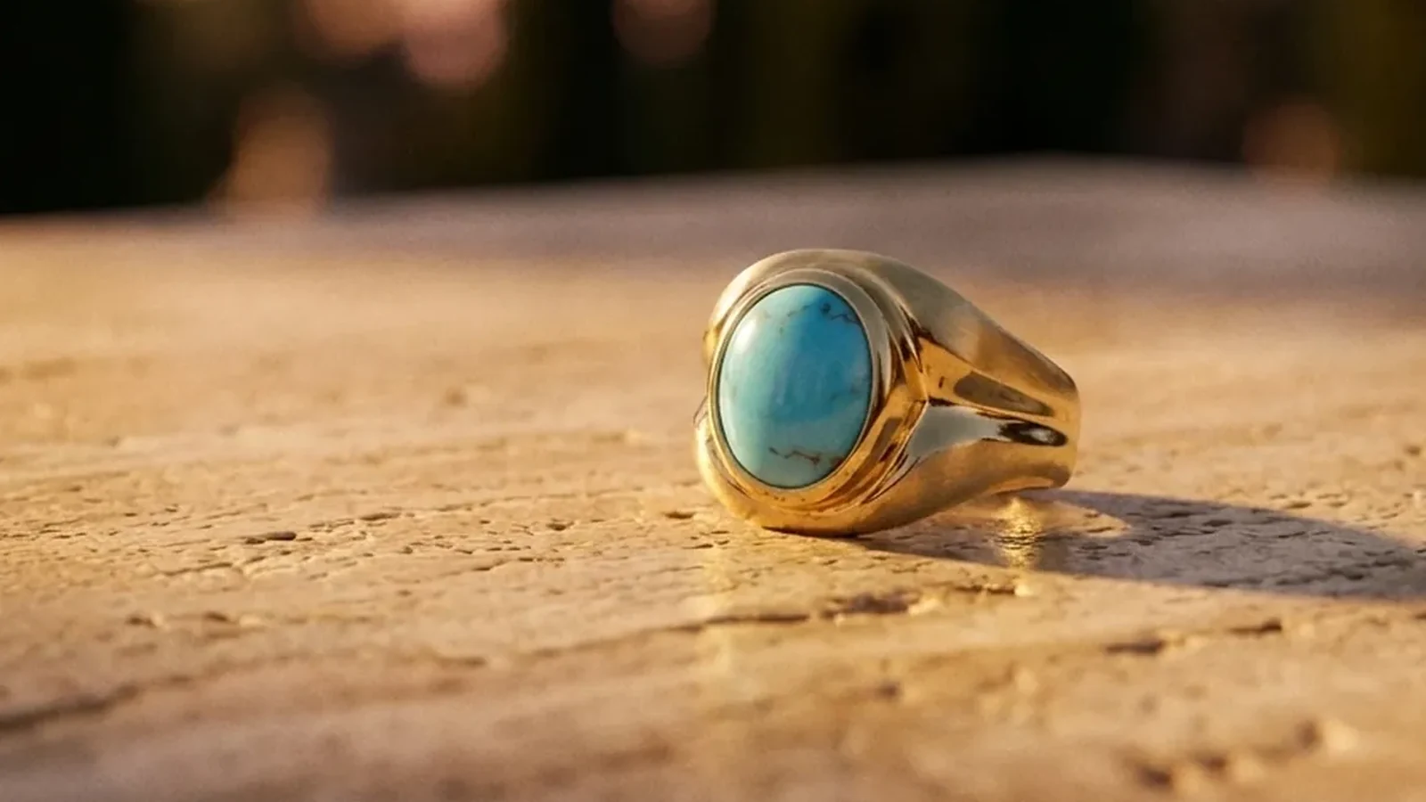Persian turquoise cabochon bezel-set in 18ct gold on warm stone at golden hour, the stone's matrix veining visible