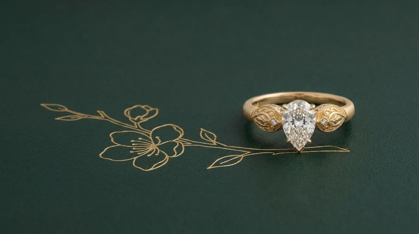 Personalised engagement ring with an engraved blossom line drawing on a deep green ground