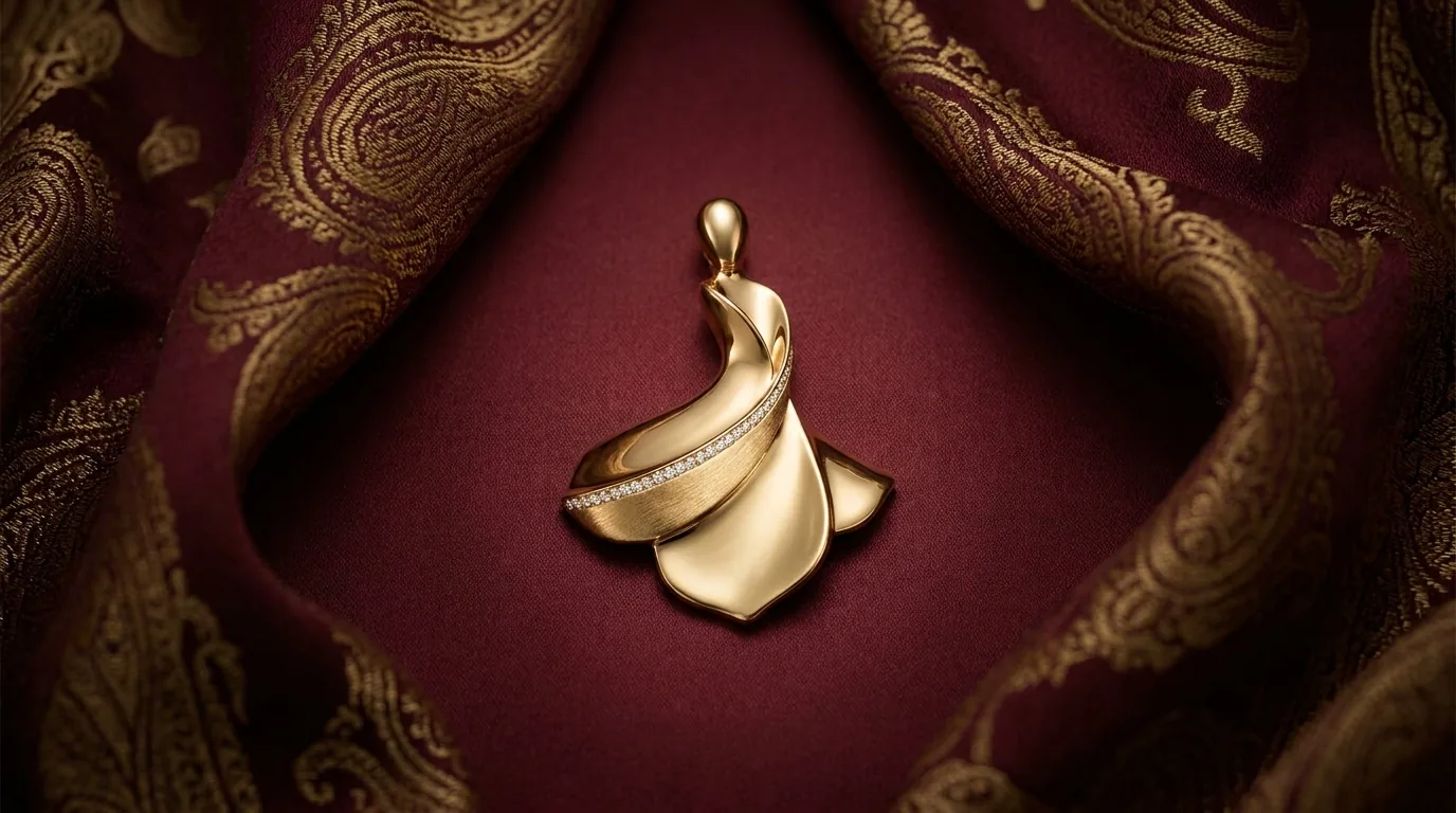 Gold pendant on plain claret silk between termeh folds, platinum, white gold or yellow gold compared