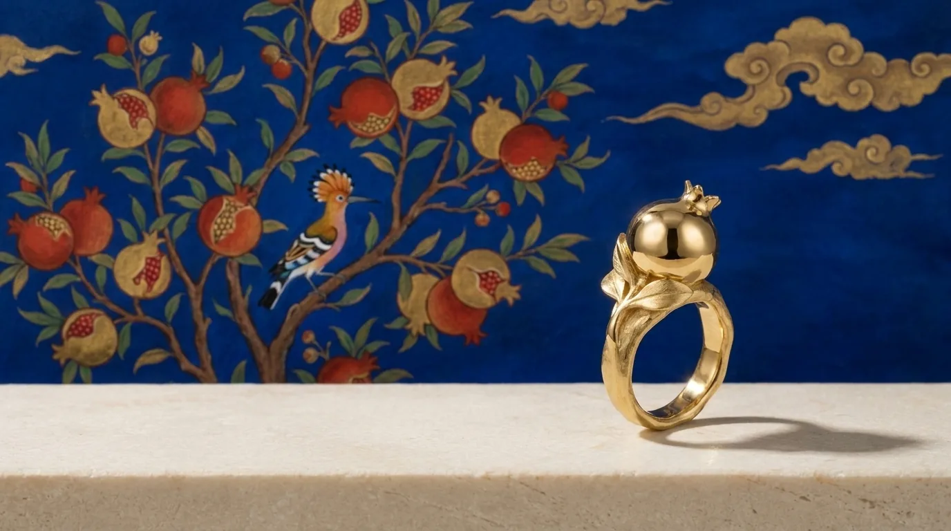 18ct gold pomegranate ring beneath a painted pomegranate tree in the Persian miniature manner