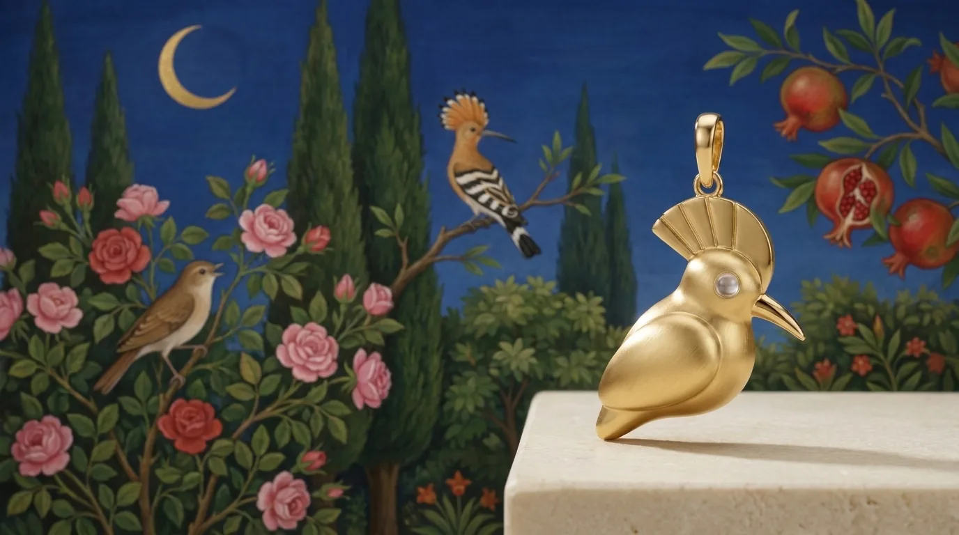 Gold hoopoe pendant before a painted Persian garden of symbols: cypress, nightingale and rose, pomegranate and crescent