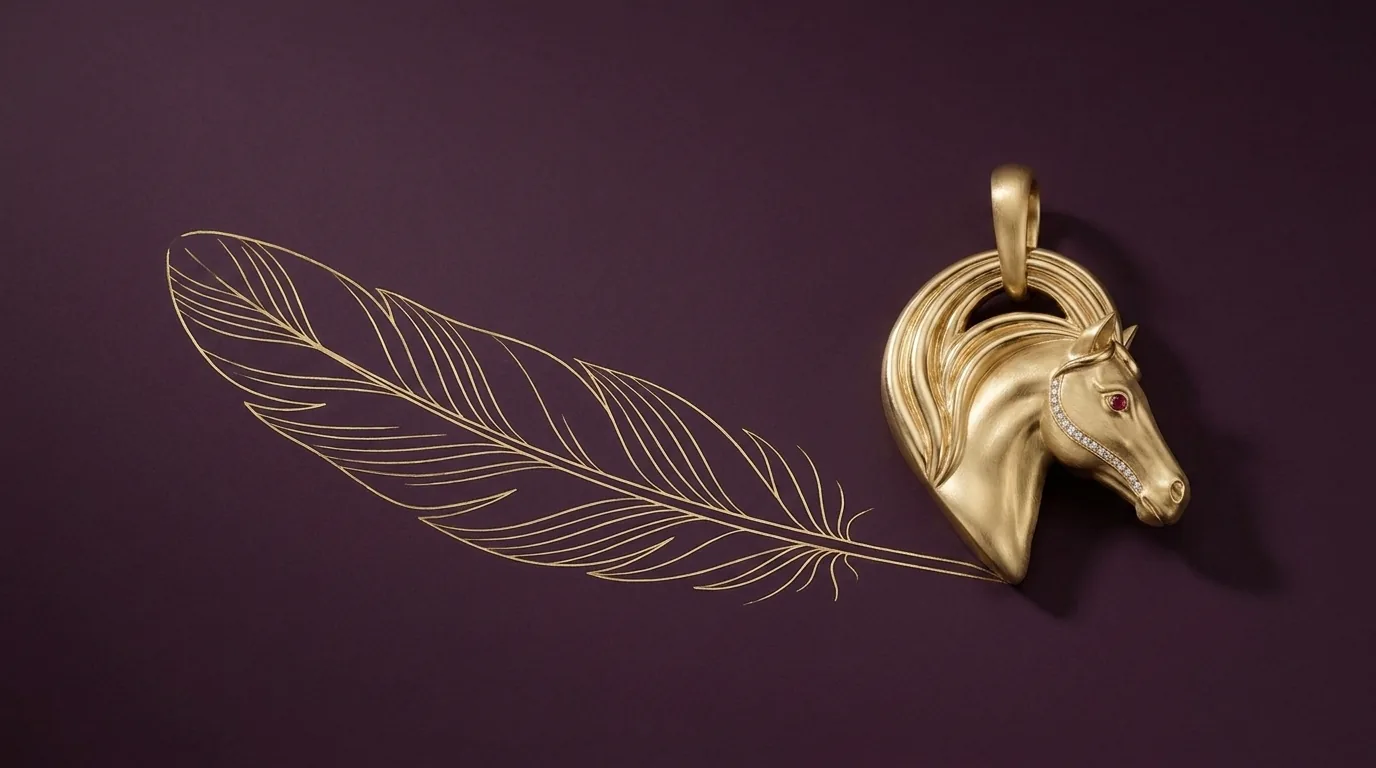 Gold pendant with a single engraved feather line drawing, what handmade means in jewellery