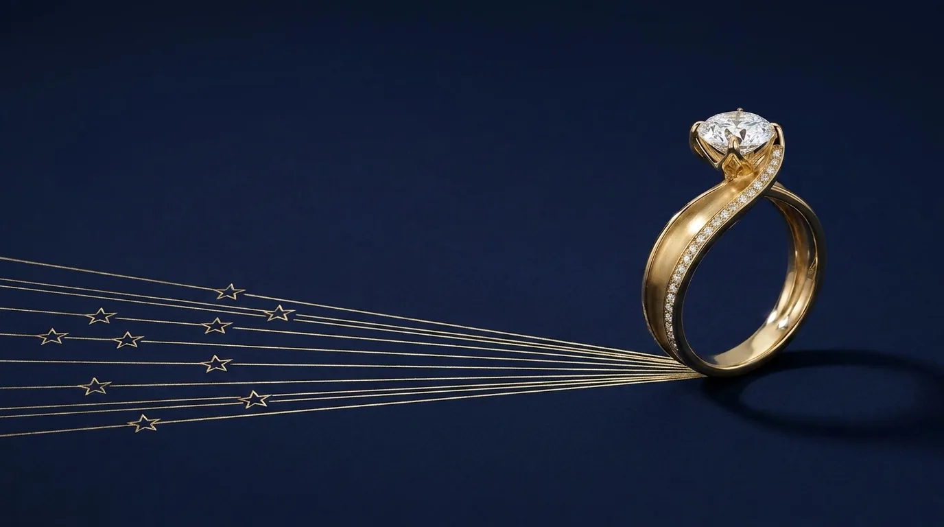 Gold ring encircled by a drawn ring of gold line stars, what made to order jewellery means