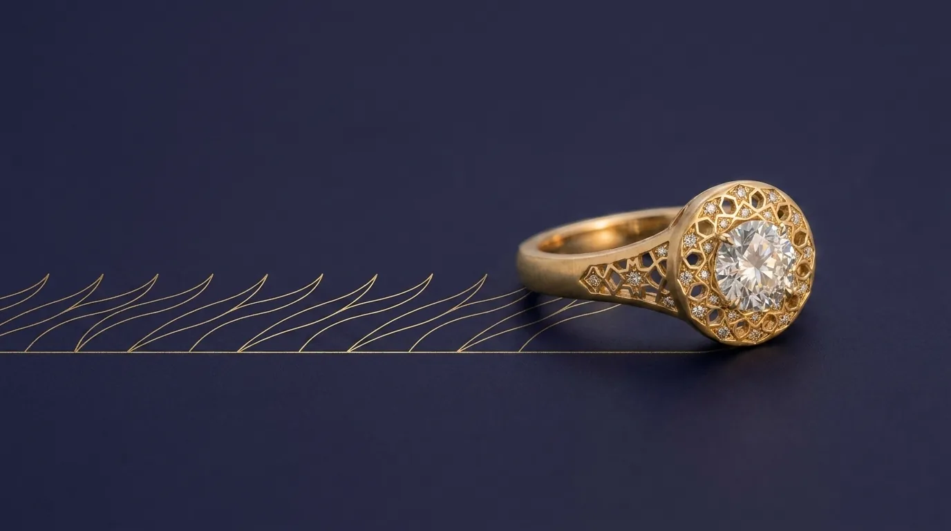 Sculptural halo engagement ring with rising engraved flame lines, what a sculptural engagement ring is