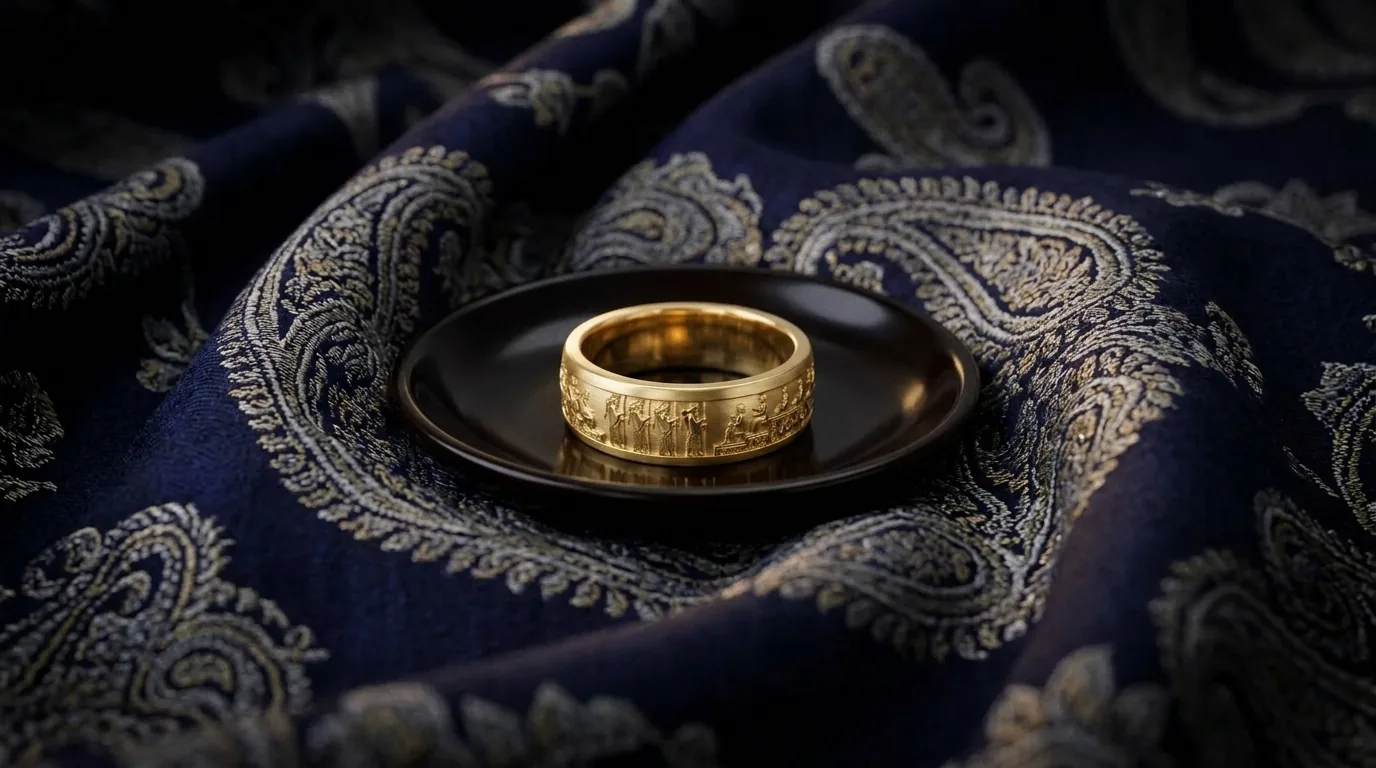 Men's gold wedding band in a dark lacquer dish on midnight termeh, which hand a wedding ring goes on