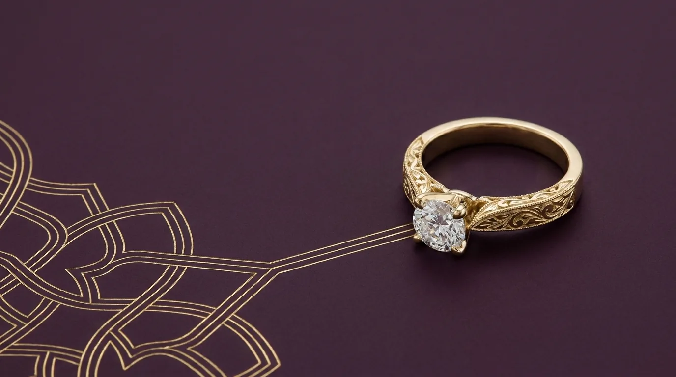 Diamond engagement ring with an engraved girih line corner, your consumer rights when buying