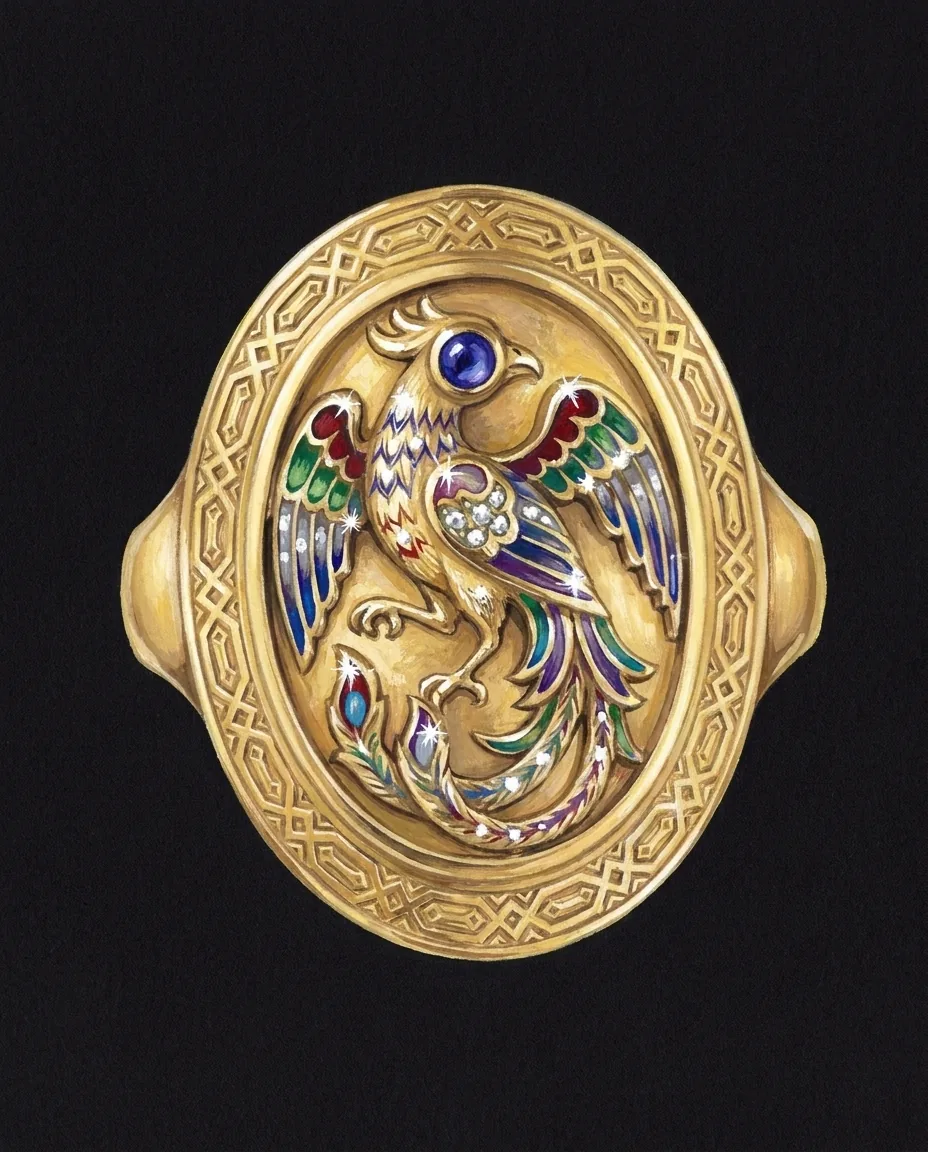 Gouache rendering of the Simurgh Cocktail Ring on black card