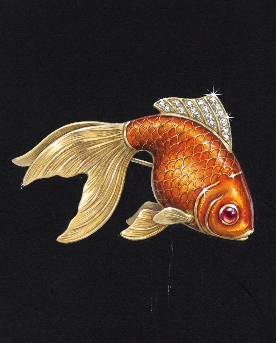 Gouache rendering of the Mahi Brooch on black card