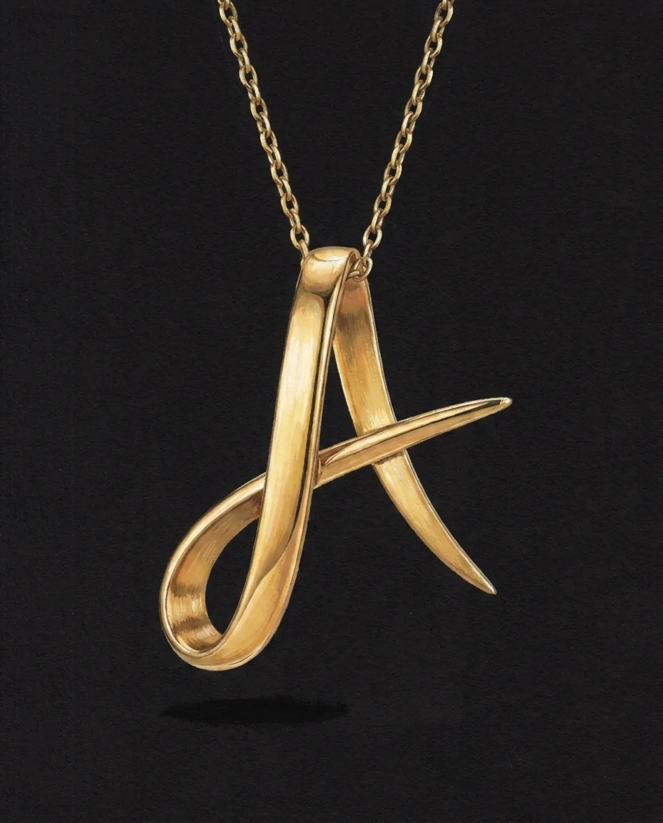 Gouache rendering of the Emza Letter Pendant on black card