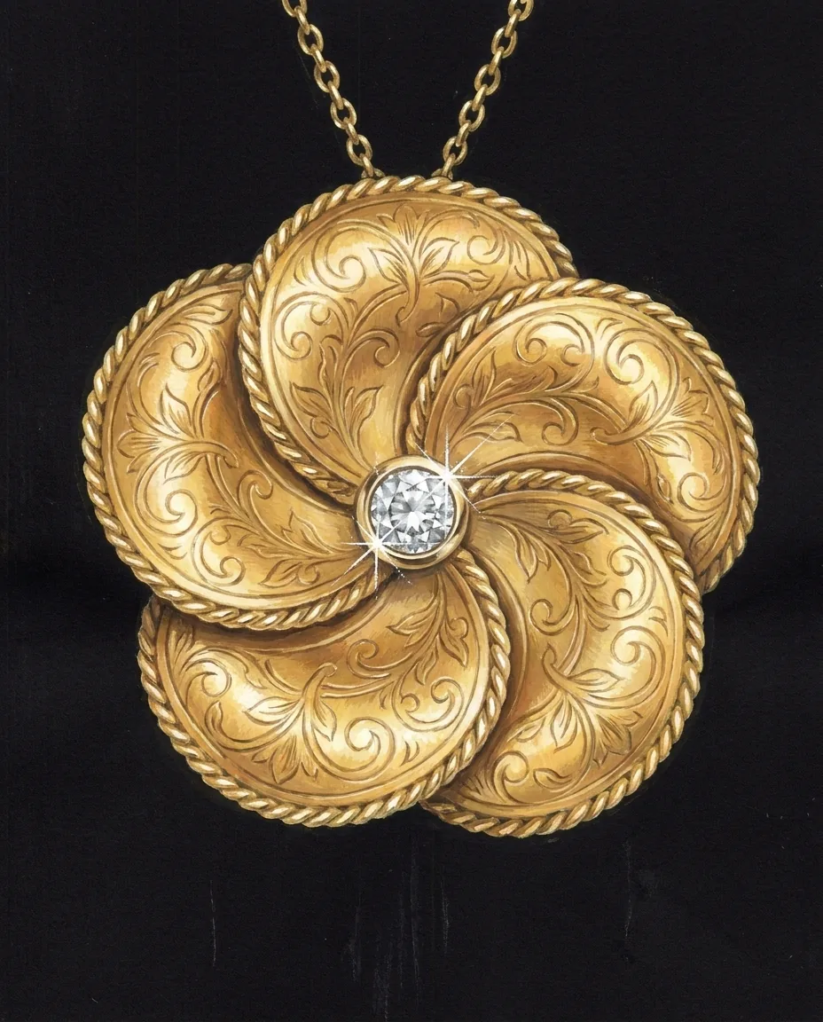 Gouache rendering of the Golestan Rose Pendant on black card