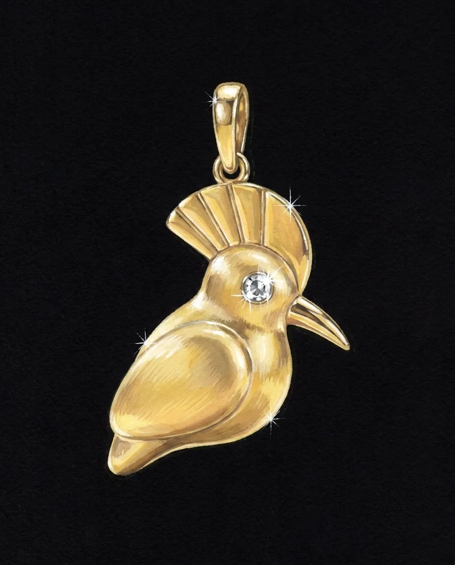 Gouache rendering of the Hodhod Pendant on black card
