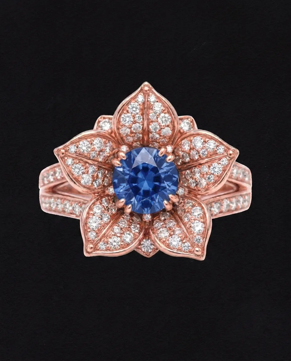 Gouache rendering of the Golnar Engagement Ring on black card