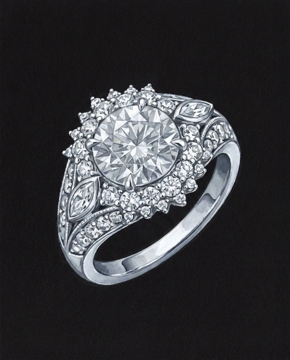 Gouache rendering of the Mahtab ring on black card
