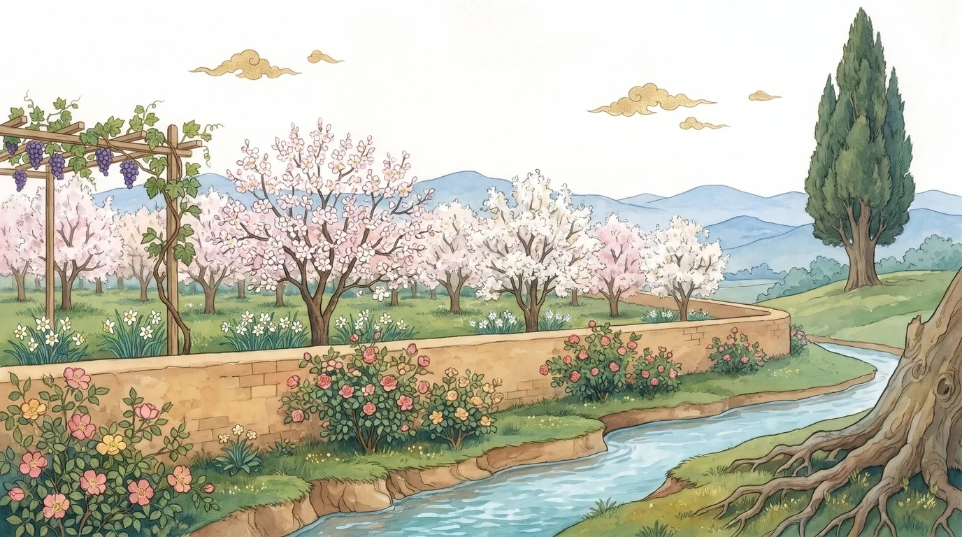 A Persian miniature panorama of an orchard beyond the rose garden: almond trees in blossom, a vine on a pergola, an old cypress on the rise, wild roses along the wall and a stream at the roots of an old tree, for the Bustan collection.