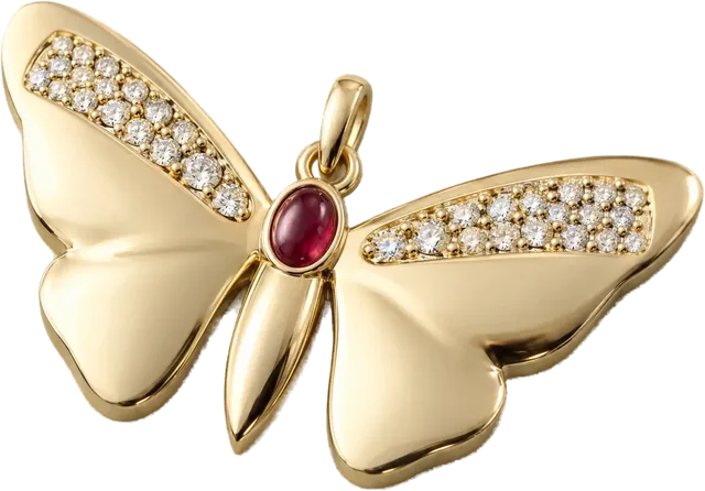The Silux London Parvaneh Pendant in 18ct yellow gold, a butterfly with mirror-polished wings, graded pave diamond chevrons on the upper wings and an oval ruby cabochon at the body, hanging from its own gold bail