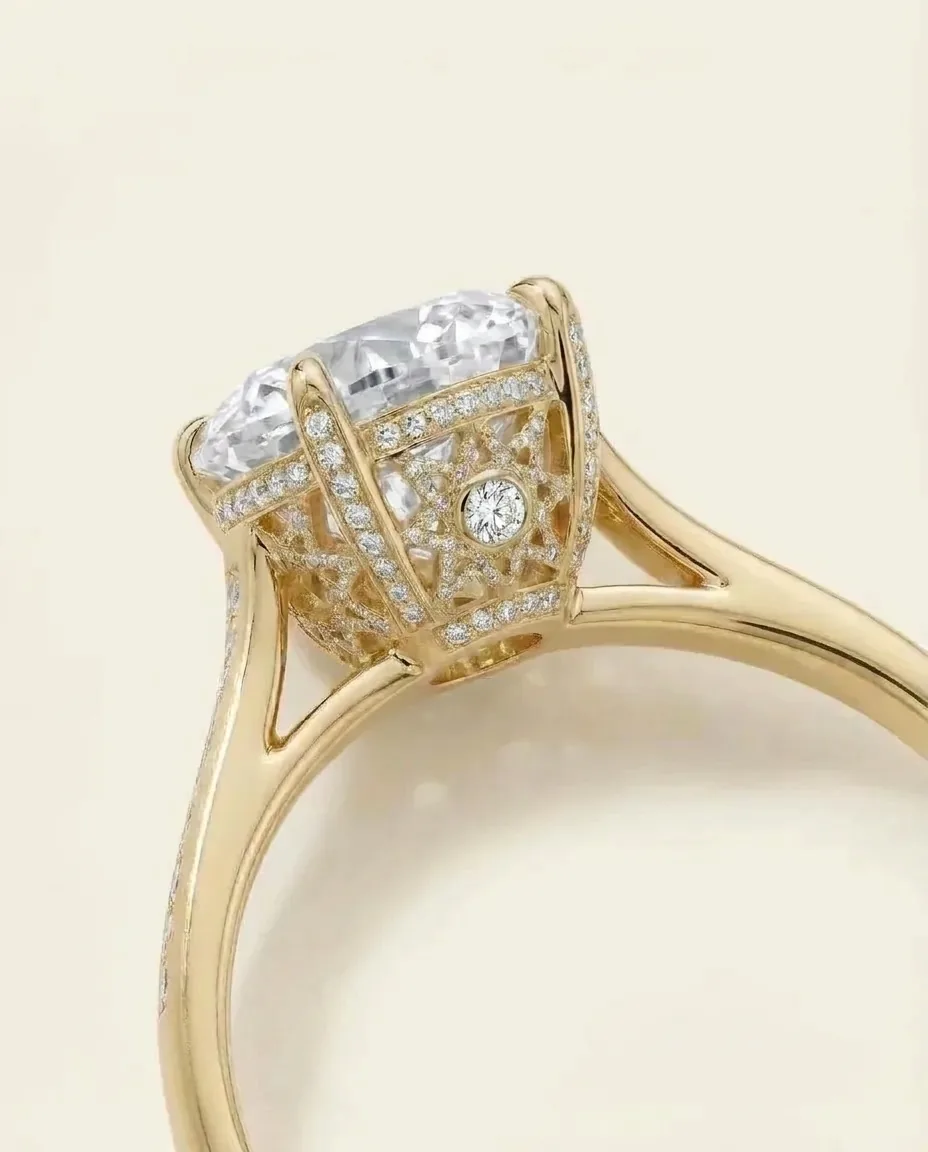 Macro view of the Setareh Noor ring, a single hidden diamond at the heart of the girih dome