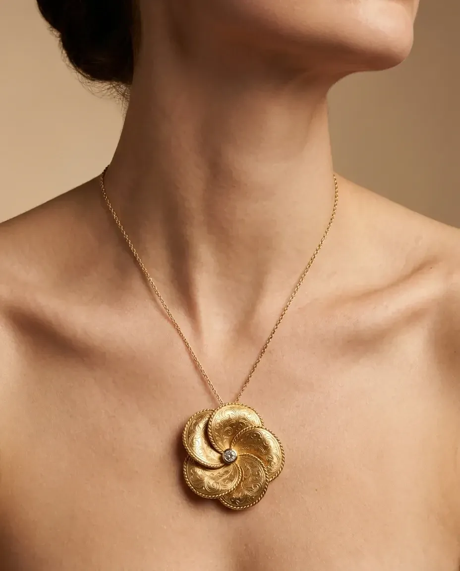 Design visualisation of the Golestan Rose Pendant worn at the neckline: a swirling engraved gold rose on a fine chain.