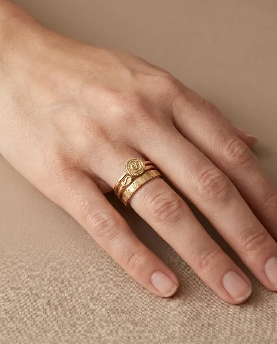 Design visualisation of three slim Golestan stacking bands worn together on one finger: a raised rose, a cypress line, an open bloom.