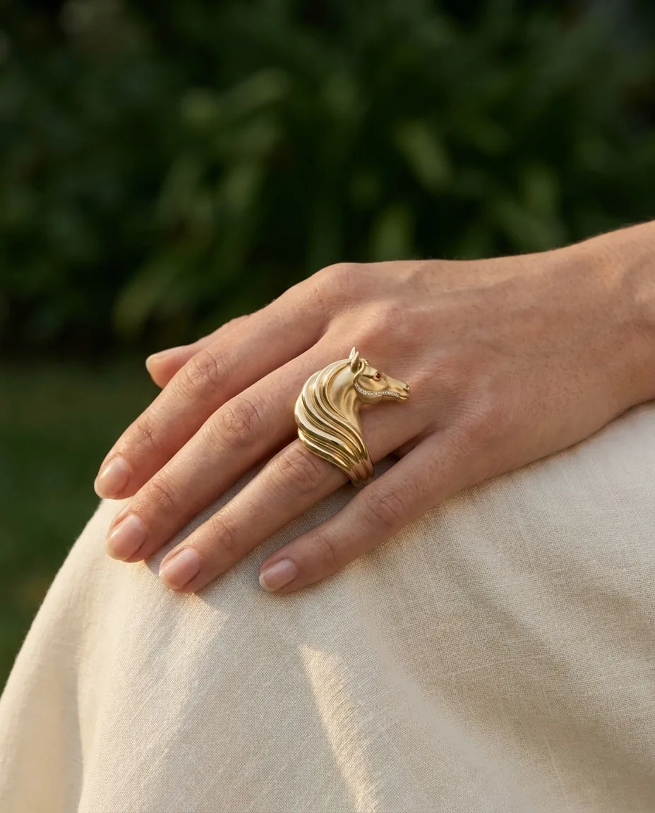 Design visualisation of the Rakhsh Ring worn on the hand: a solid gold horse-head ring in soft garden light.