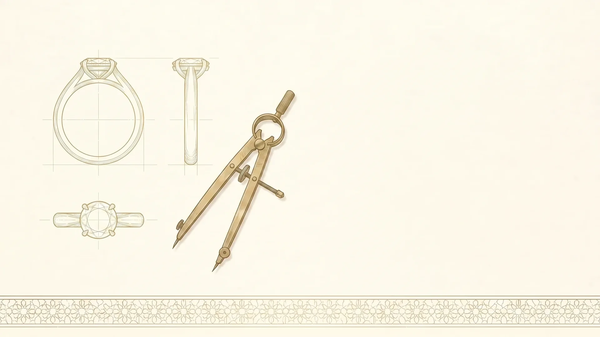 A designer's sheet drawn in fine gold line: one ring studied three times in elevation, side and plan, with a pair of drawing dividers beside it