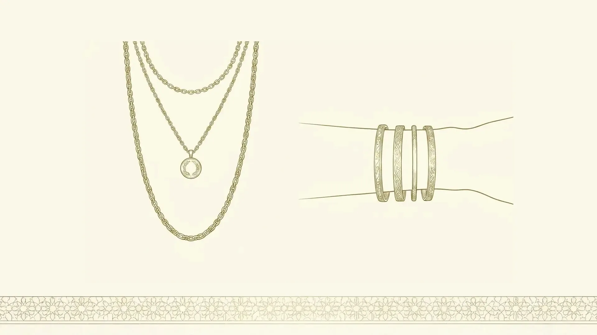 Three necklaces drawn in fine gold line at three different lengths beside a wrist wearing four bangles of varying width, showing the spacing that separates one layer from the next
