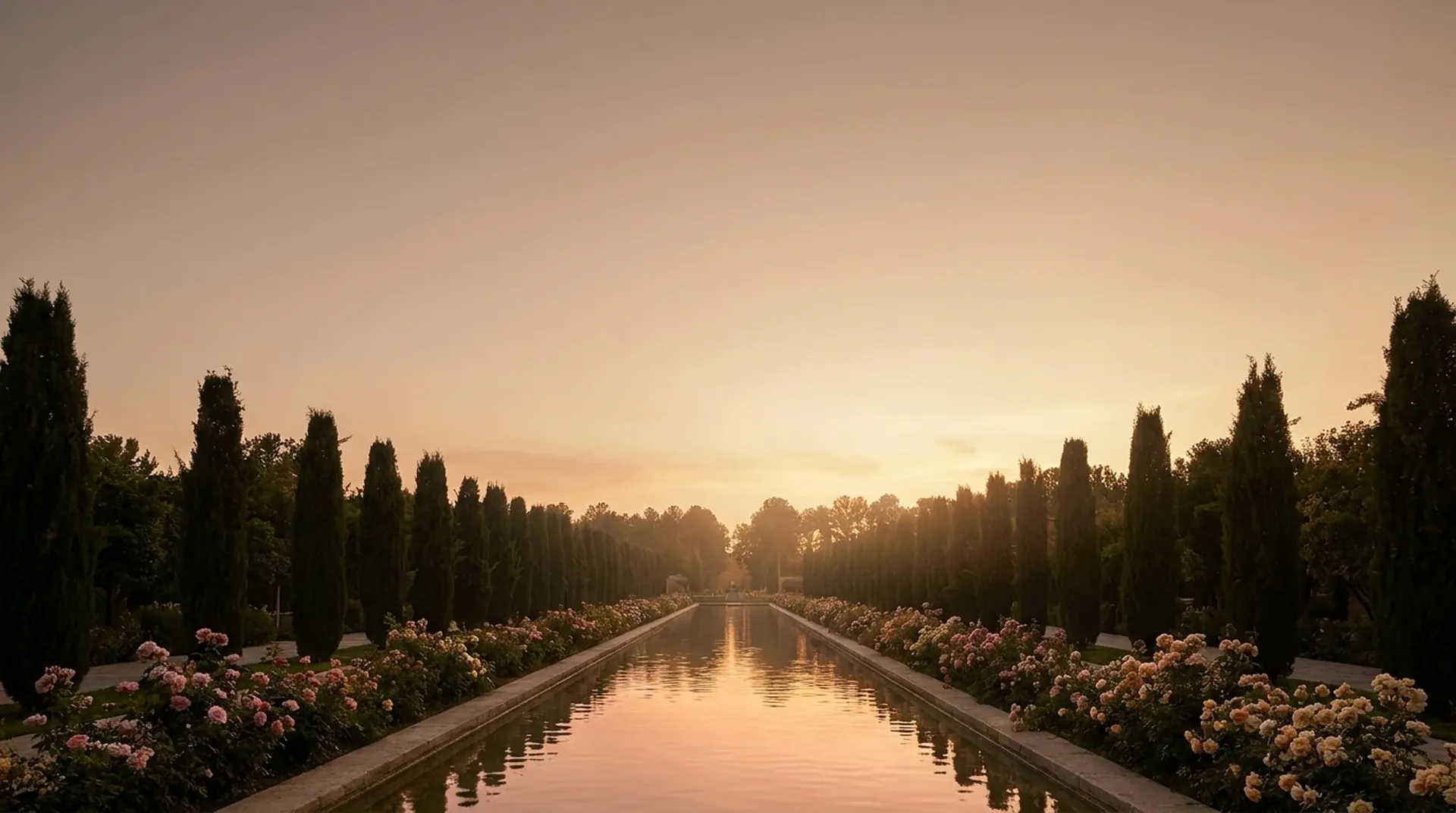 A Persian paradise garden at dusk: a long reflecting canal flanked by cypress trees and rose beds under a golden sky