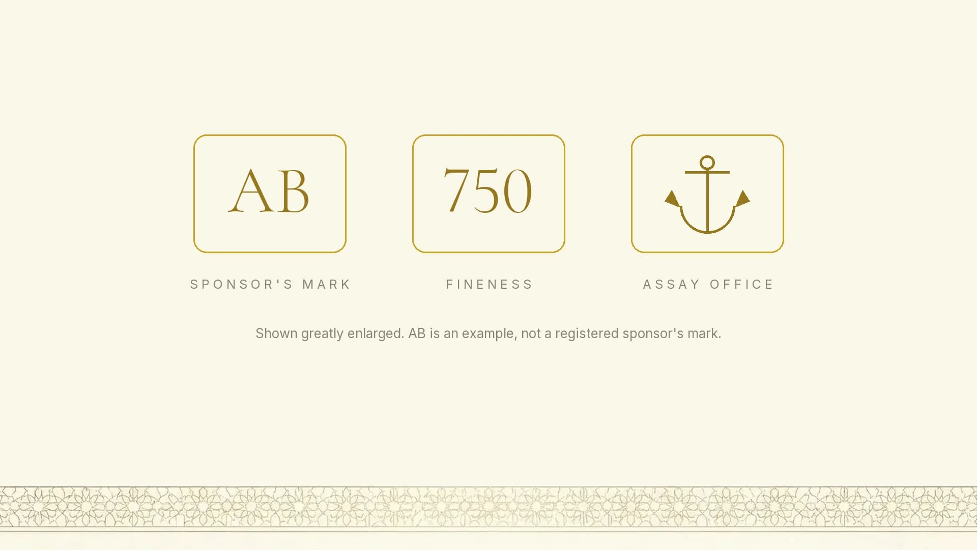 The three compulsory parts of a UK hallmark drawn side by side and greatly enlarged: a sponsor's mark, a fineness number and an assay office symbol